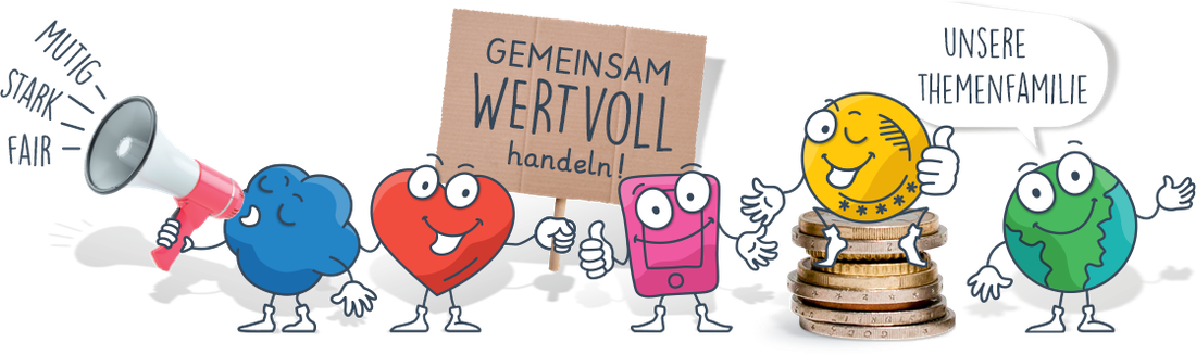 Unsere Themenfamilie: die fünf Maskottchen der Themenwelten
